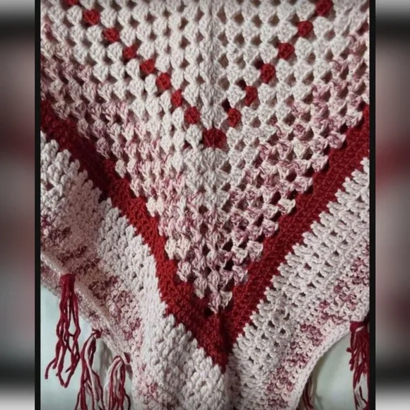 Crochet Poncho, Girl's size Large Pink and Red Colors Handmade Crochet Poncho - Picture 6 of 7